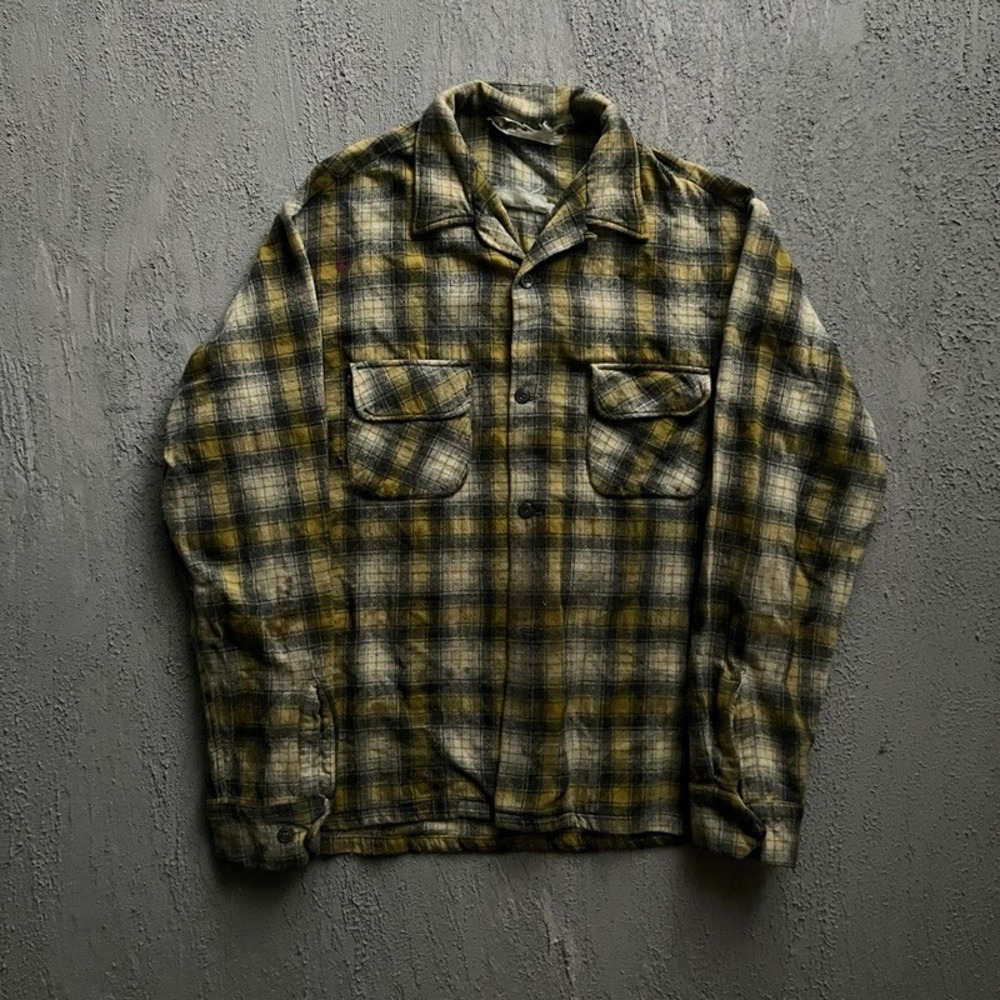 Vintage Pilgrim Flannel Shirt Medium Yellow 1950s Plaid Board Wool